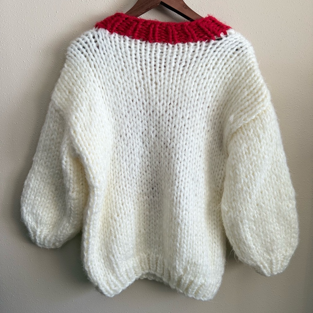 Handmade Heart Sweater Chunky Knit Red Heart Cream Pullover Cottagecore - Picture 4 of 4